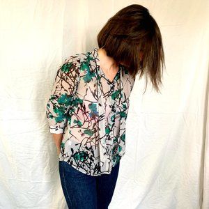 Loft Abstract Floral Watercolor Tie Neck Blouse